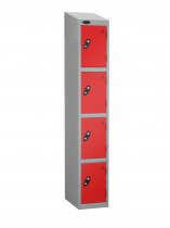 Single Metal Storage Locker | 4 Doors | 1780 x 460 x 460mm | Silver Carcass | Red Door | Hasp & Staple Lock | Sloping Top | Probe