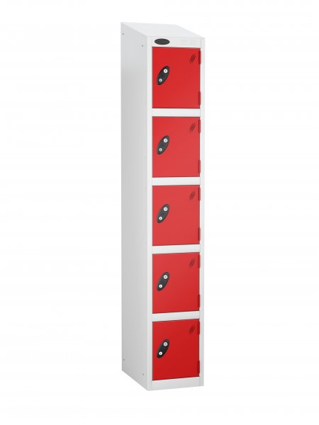 Single Metal Storage Locker | 5 Doors | 1780 x 305 x 305mm | White Carcass | Red Door | Cam Lock | Sloping Top | Probe