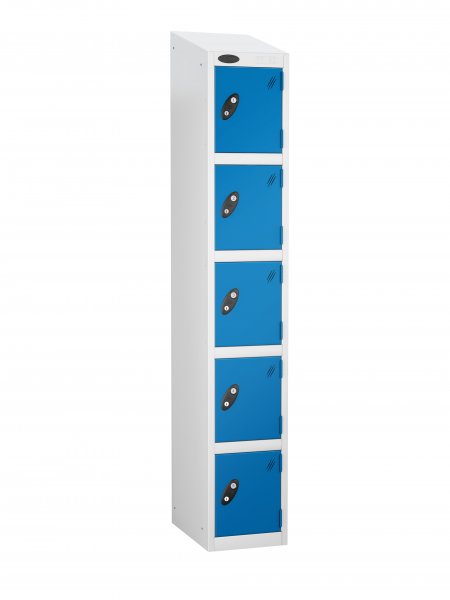 Single Metal Storage Locker | 5 Doors | 1780 x 305 x 305mm | White Carcass | Blue Door | Cam Lock | Sloping Top | Probe