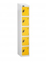 Single Metal Storage Locker | 5 Doors | 1780 x 305 x 305mm | White Carcass | Yellow Door | Cam Lock | Sloping Top | Probe