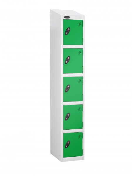 Single Metal Storage Locker | 5 Doors | 1780 x 305 x 305mm | White Carcass | Green Door | Cam Lock | Sloping Top | Probe