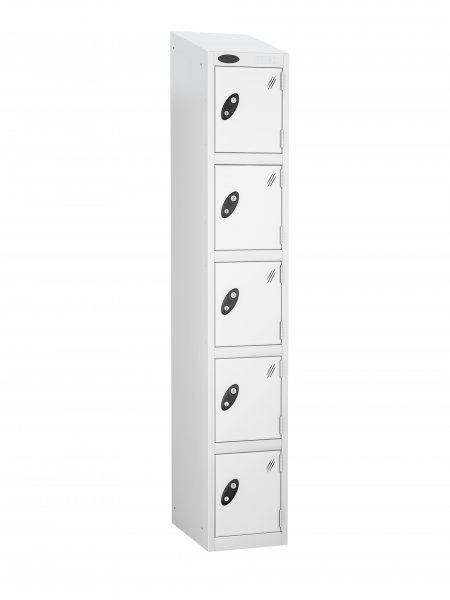 Single Metal Storage Locker | 5 Doors | 1780 x 305 x 305mm | White Carcass | White Door | Cam Lock | Sloping Top | Probe