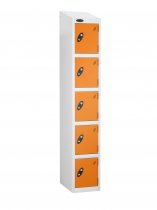 Single Metal Storage Locker | 5 Doors | 1780 x 305 x 305mm | White Carcass | Orange Door | Cam Lock | Sloping Top | Probe