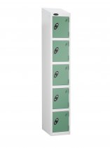 Single Metal Storage Locker | 5 Doors | 1780 x 305 x 305mm | White Carcass | Jade Door | Cam Lock | Sloping Top | Probe