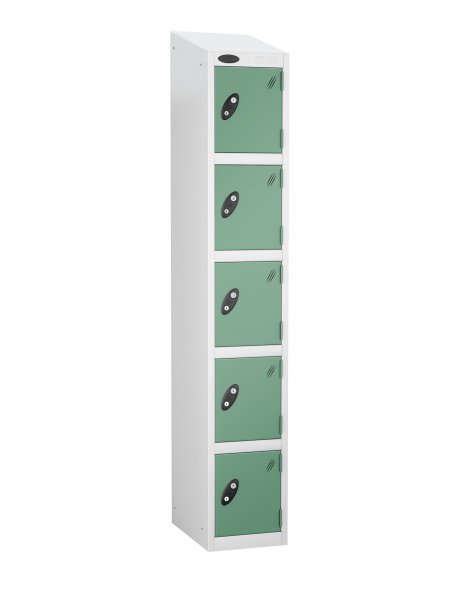 Single Metal Storage Locker | 5 Doors | 1780 x 305 x 305mm | White Carcass | Jade Door | Cam Lock | Sloping Top | Probe