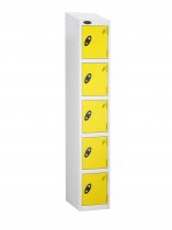 Single Metal Storage Locker | 5 Doors | 1780 x 305 x 305mm | White Carcass | Lemon Door | Cam Lock | Sloping Top | Probe