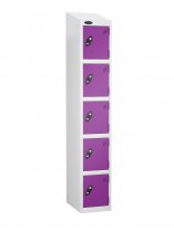 Single Metal Storage Locker | 5 Doors | 1780 x 305 x 305mm | White Carcass | Lilac Door | Cam Lock | Sloping Top | Probe