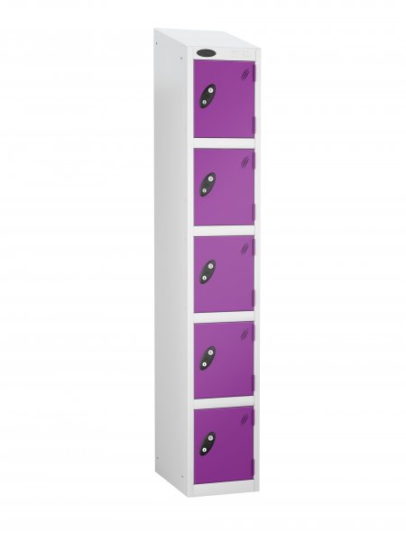 Single Metal Storage Locker | 5 Doors | 1780 x 305 x 305mm | White Carcass | Lilac Door | Cam Lock | Sloping Top | Probe