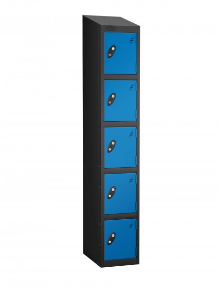 Single Metal Storage Locker | 5 Doors | 1780 x 305 x 305mm | Black Carcass | Blue Door | Cam Lock | Sloping Top | Probe