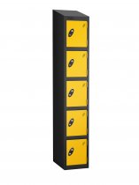 Single Metal Storage Locker | 5 Doors | 1780 x 305 x 305mm | Black Carcass | Yellow Door | Cam Lock | Sloping Top | Probe