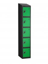 Single Metal Storage Locker | 5 Doors | 1780 x 305 x 305mm | Black Carcass | Green Door | Cam Lock | Sloping Top | Probe