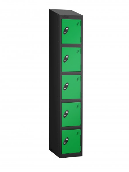 Single Metal Storage Locker | 5 Doors | 1780 x 305 x 305mm | Black Carcass | Green Door | Cam Lock | Sloping Top | Probe