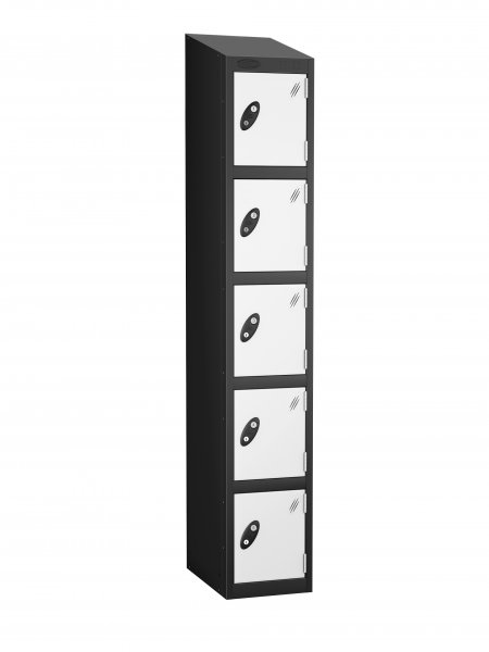 Single Metal Storage Locker | 5 Doors | 1780 x 305 x 305mm | Black Carcass | White Door | Cam Lock | Sloping Top | Probe