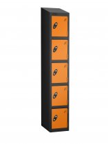 Single Metal Storage Locker | 5 Doors | 1780 x 305 x 305mm | Black Carcass | Orange Door | Cam Lock | Sloping Top | Probe