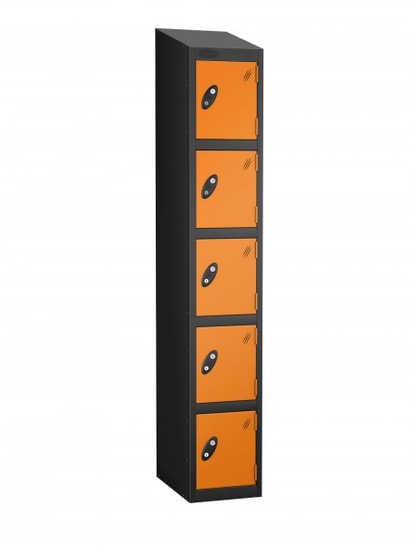 Single Metal Storage Locker | 5 Doors | 1780 x 305 x 305mm | Black Carcass | Orange Door | Cam Lock | Sloping Top | Probe