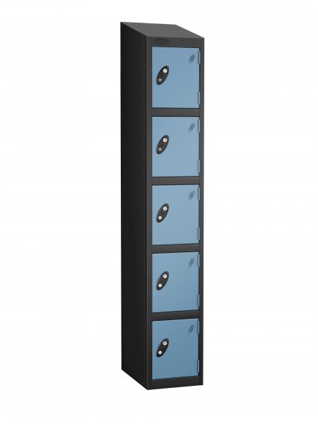 Single Metal Storage Locker | 5 Doors | 1780 x 305 x 305mm | Black Carcass | Ocean Door | Cam Lock | Sloping Top | Probe