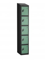 Single Metal Storage Locker | 5 Doors | 1780 x 305 x 305mm | Black Carcass | Jade Door | Cam Lock | Sloping Top | Probe