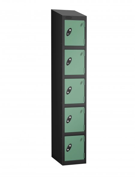 Single Metal Storage Locker | 5 Doors | 1780 x 305 x 305mm | Black Carcass | Jade Door | Cam Lock | Sloping Top | Probe