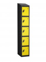 Single Metal Storage Locker | 5 Doors | 1780 x 305 x 305mm | Black Carcass | Lemon Door | Cam Lock | Sloping Top | Probe