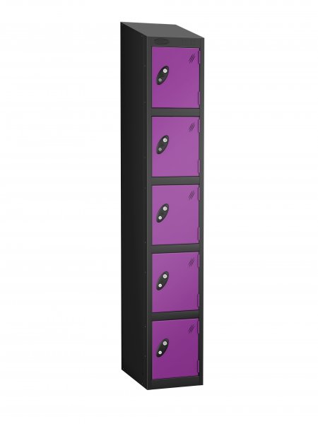 Single Metal Storage Locker | 5 Doors | 1780 x 305 x 305mm | Black Carcass | Lilac Door | Cam Lock | Sloping Top | Probe