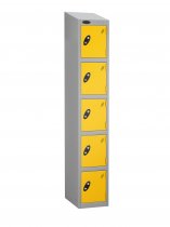 Single Metal Storage Locker | 5 Doors | 1780 x 305 x 305mm | Silver Carcass | Yellow Door | Cam Lock | Sloping Top | Probe