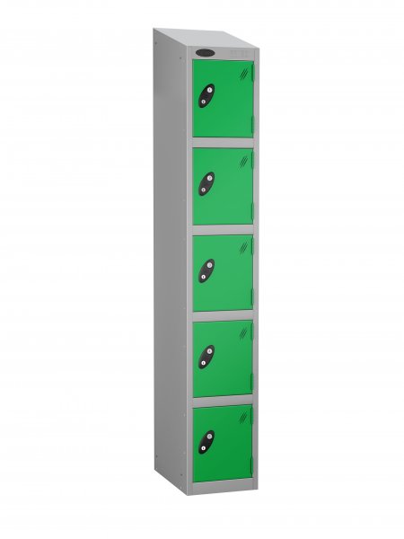 Single Metal Storage Locker | 5 Doors | 1780 x 305 x 305mm | Silver Carcass | Green Door | Cam Lock | Sloping Top | Probe