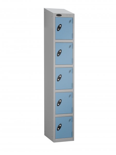 Single Metal Storage Locker | 5 Doors | 1780 x 305 x 305mm | Silver Carcass | Ocean Door | Cam Lock | Sloping Top | Probe