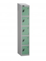 Single Metal Storage Locker | 5 Doors | 1780 x 305 x 305mm | Silver Carcass | Jade Door | Cam Lock | Sloping Top | Probe