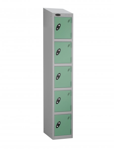 Single Metal Storage Locker | 5 Doors | 1780 x 305 x 305mm | Silver Carcass | Jade Door | Cam Lock | Sloping Top | Probe