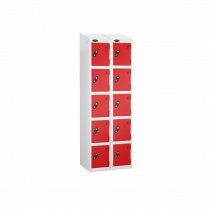 Nest of 2 Metal Storage Lockers | 5 Doors | 1780 x 305 x 305mm | White Carcass | Red Door | Cam Lock | Sloping Top | Probe