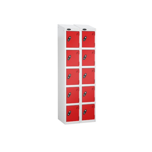 Nest of 2 Metal Storage Lockers | 5 Doors | 1780 x 305 x 305mm | White Carcass | Red Door | Cam Lock | Sloping Top | Probe