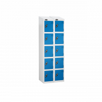 Nest of 2 Metal Storage Lockers | 5 Doors | 1780 x 305 x 305mm | White Carcass | Blue Door | Cam Lock | Sloping Top | Probe