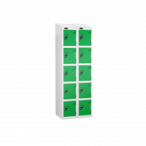 Nest of 2 Metal Storage Lockers | 5 Doors | 1780 x 305 x 305mm | White Carcass | Green Door | Cam Lock | Sloping Top | Probe