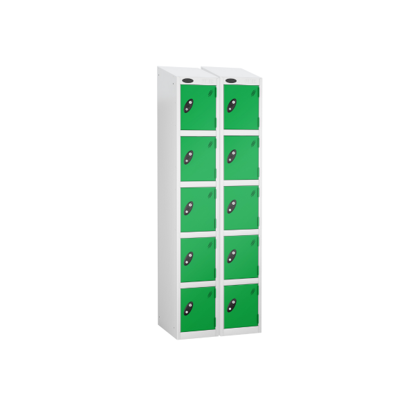 Nest of 2 Metal Storage Lockers | 5 Doors | 1780 x 305 x 305mm | White Carcass | Green Door | Cam Lock | Sloping Top | Probe