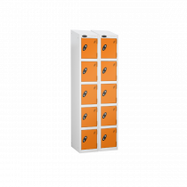 Nest of 2 Metal Storage Lockers | 5 Doors | 1780 x 305 x 305mm | White Carcass | Orange Door | Cam Lock | Sloping Top | Probe