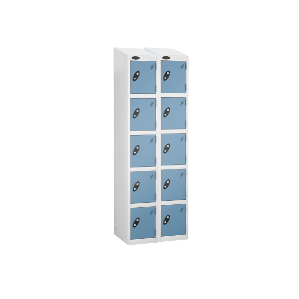 Nest of 2 Metal Storage Lockers | 5 Doors | 1780 x 305 x 305mm | White Carcass | Ocean Door | Cam Lock | Sloping Top | Probe