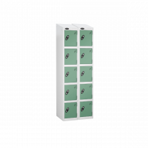 Nest of 2 Metal Storage Lockers | 5 Doors | 1780 x 305 x 305mm | White Carcass | Jade Door | Cam Lock | Sloping Top | Probe