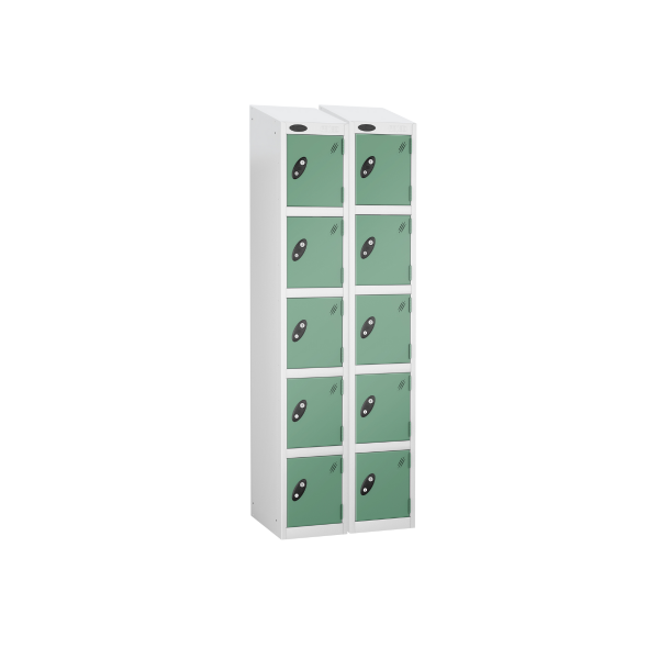 Nest of 2 Metal Storage Lockers | 5 Doors | 1780 x 305 x 305mm | White Carcass | Jade Door | Cam Lock | Sloping Top | Probe