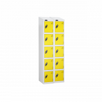 Nest of 2 Metal Storage Lockers | 5 Doors | 1780 x 305 x 305mm | White Carcass | Lemon Door | Cam Lock | Sloping Top | Probe