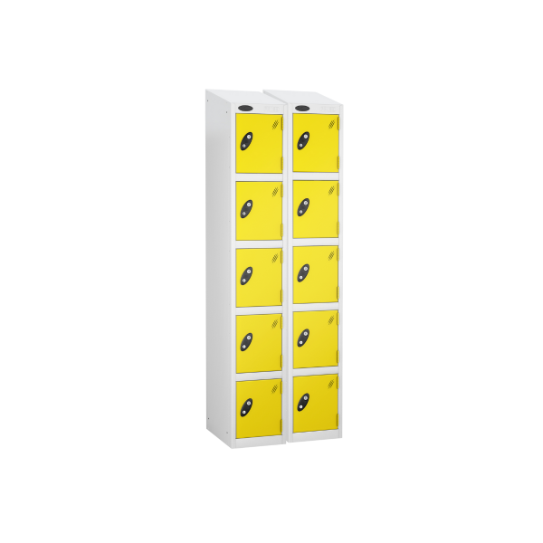 Nest of 2 Metal Storage Lockers | 5 Doors | 1780 x 305 x 305mm | White Carcass | Lemon Door | Cam Lock | Sloping Top | Probe