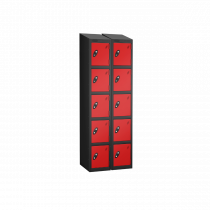 Nest of 2 Metal Storage Lockers | 5 Doors | 1780 x 305 x 305mm | Black Carcass | Red Door | Cam Lock | Sloping Top | Probe