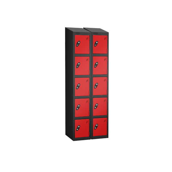 Nest of 2 Metal Storage Lockers | 5 Doors | 1780 x 305 x 305mm | Black Carcass | Red Door | Cam Lock | Sloping Top | Probe