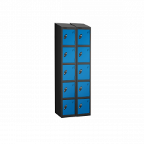 Nest of 2 Metal Storage Lockers | 5 Doors | 1780 x 305 x 305mm | Black Carcass | Blue Door | Cam Lock | Sloping Top | Probe