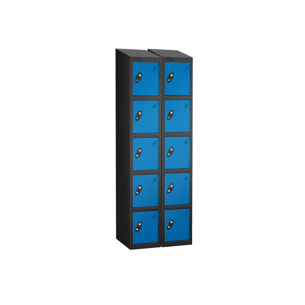 Nest of 2 Metal Storage Lockers | 5 Doors | 1780 x 305 x 305mm | Black Carcass | Blue Door | Cam Lock | Sloping Top | Probe