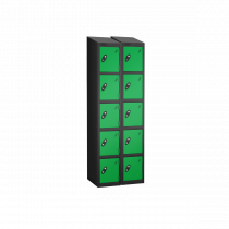 Nest of 2 Metal Storage Lockers | 5 Doors | 1780 x 305 x 305mm | Black Carcass | Green Door | Cam Lock | Sloping Top | Probe