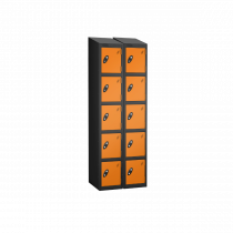 Nest of 2 Metal Storage Lockers | 5 Doors | 1780 x 305 x 305mm | Black Carcass | Orange Door | Cam Lock | Sloping Top | Probe