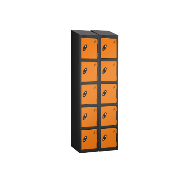 Nest of 2 Metal Storage Lockers | 5 Doors | 1780 x 305 x 305mm | Black Carcass | Orange Door | Cam Lock | Sloping Top | Probe