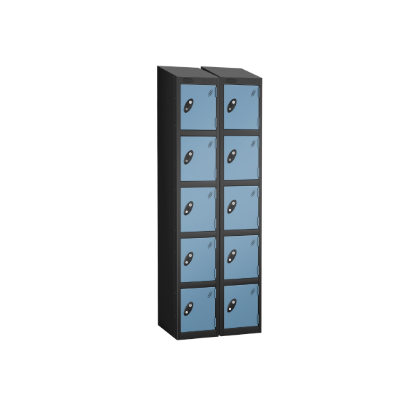 Nest of 2 Metal Storage Lockers | 5 Doors | 1780 x 305 x 305mm | Black Carcass | Ocean Door | Cam Lock | Sloping Top | Probe