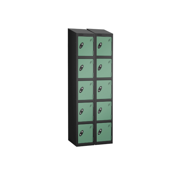 Nest of 2 Metal Storage Lockers | 5 Doors | 1780 x 305 x 305mm | Black Carcass | Jade Door | Cam Lock | Sloping Top | Probe