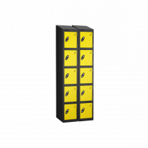 Nest of 2 Metal Storage Lockers | 5 Doors | 1780 x 305 x 305mm | Black Carcass | Lemon Door | Cam Lock | Sloping Top | Probe